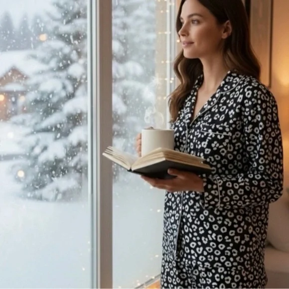 Kate Spade Black & Pale Pink Leopard Print Pajamas Set Loungewear Size Medium - Picture 2 of 7